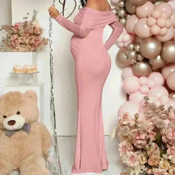 Pink Elegant Women's Maternity Off Shoulder Foldover Dress - Picture 2 of 7